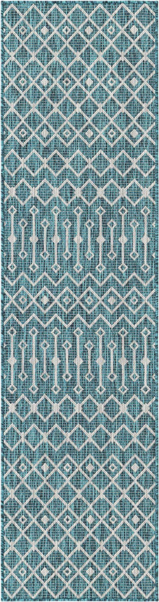 Teal 2' x 8' Outdoor Trellis Runner Area Rug Weather Resistant for Patio, Deck, Terrace, Balcony, Porch Geometric Design Water Safe Outside Carpet for Sale at Rug Engine