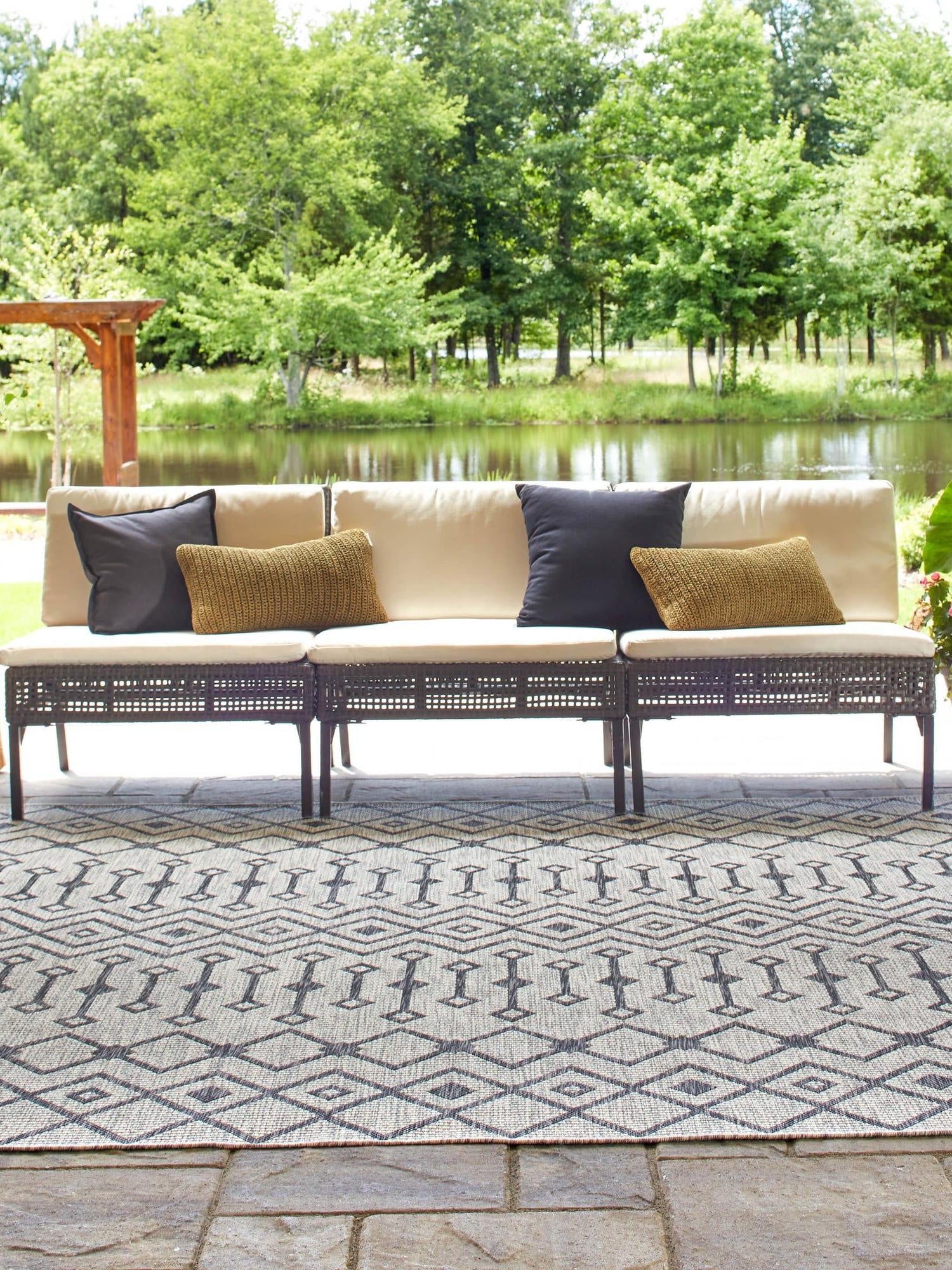 Gray 13' 1 x 13' 1 Outdoor Trellis Square Area Rug Weather Resistant for Patio, Deck, Terrace, Balcony, Porch Geometric Design Water Safe Outside Carpet for Sale at Rug Engine