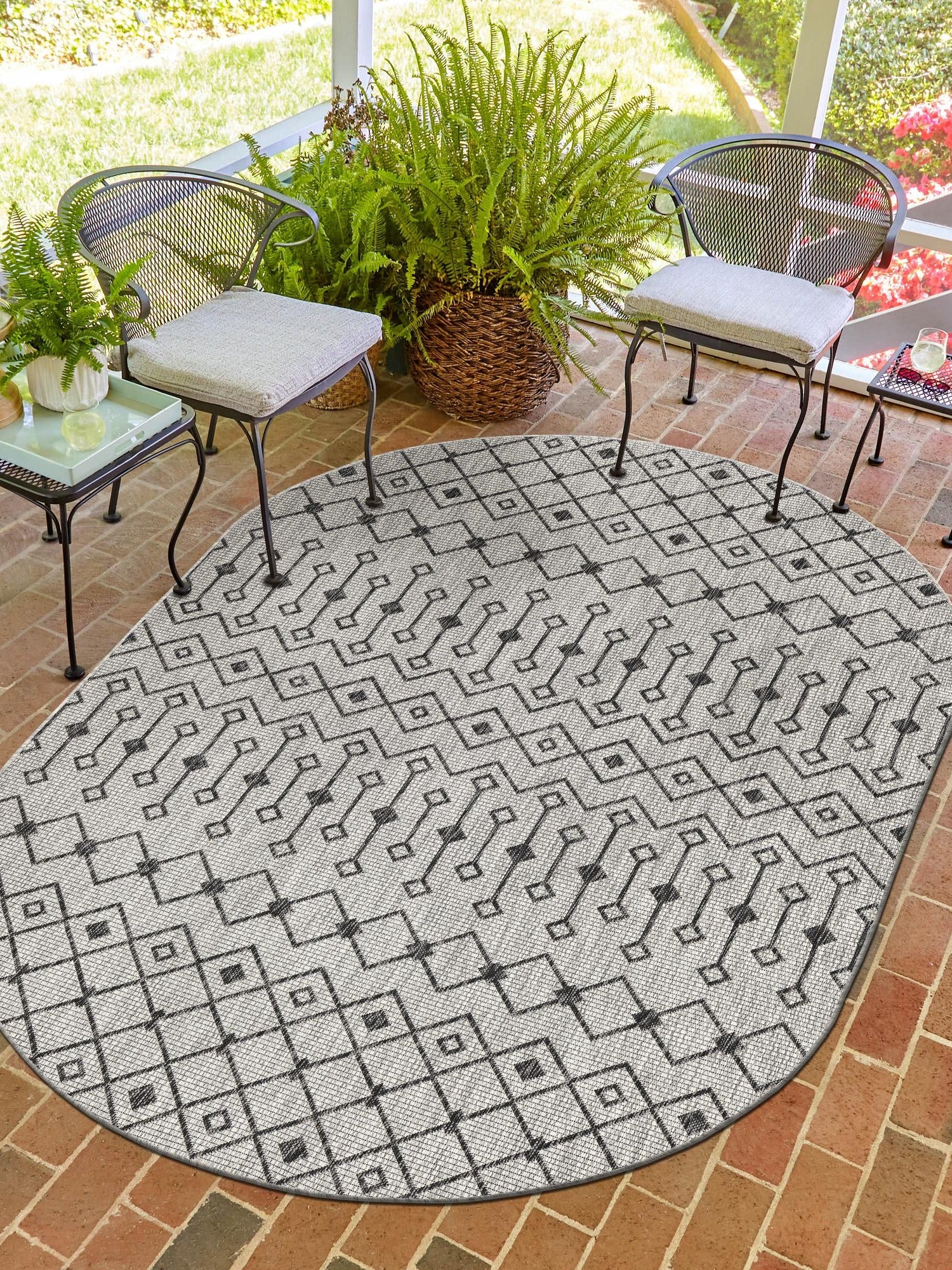 Gray 3' 1 x 5' 3 Outdoor Trellis Oval Area Rug Weather Resistant for Patio, Deck, Terrace, Balcony, Porch Geometric Design Water Safe Outside Carpet for Sale at Rug Engine