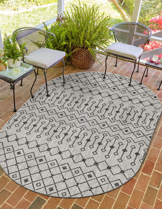 Gray 3' 1 x 5' 3 Outdoor Trellis Oval Area Rug Weather Resistant for Patio, Deck, Terrace, Balcony, Porch Geometric Design Water Safe Outside Carpet for Sale at Rug Engine
