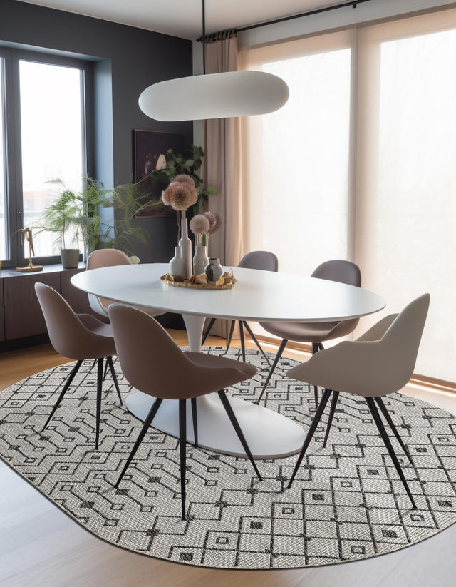 Gray 3' 1 x 5' 3 Outdoor Trellis Oval Area Rug Weather Resistant for Patio, Deck, Terrace, Balcony, Porch Geometric Design Water Safe Outside Carpet for Sale at Rug Engine