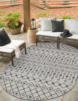 Gray 7' 10 x 10' Outdoor Trellis Oval Area Rug Weather Resistant for Patio, Deck, Terrace, Balcony, Porch Geometric Design Water Safe Outside Carpet for Sale at Rug Engine