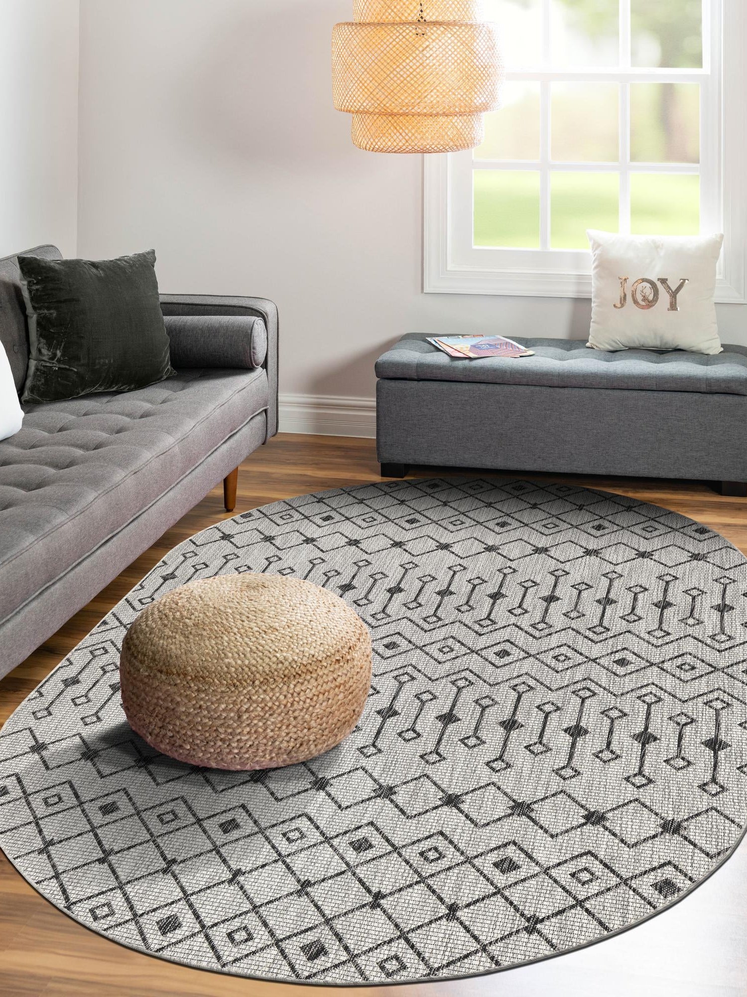 Gray 7' 10 x 10' Outdoor Trellis Oval Area Rug Weather Resistant for Patio, Deck, Terrace, Balcony, Porch Geometric Design Water Safe Outside Carpet for Sale at Rug Engine