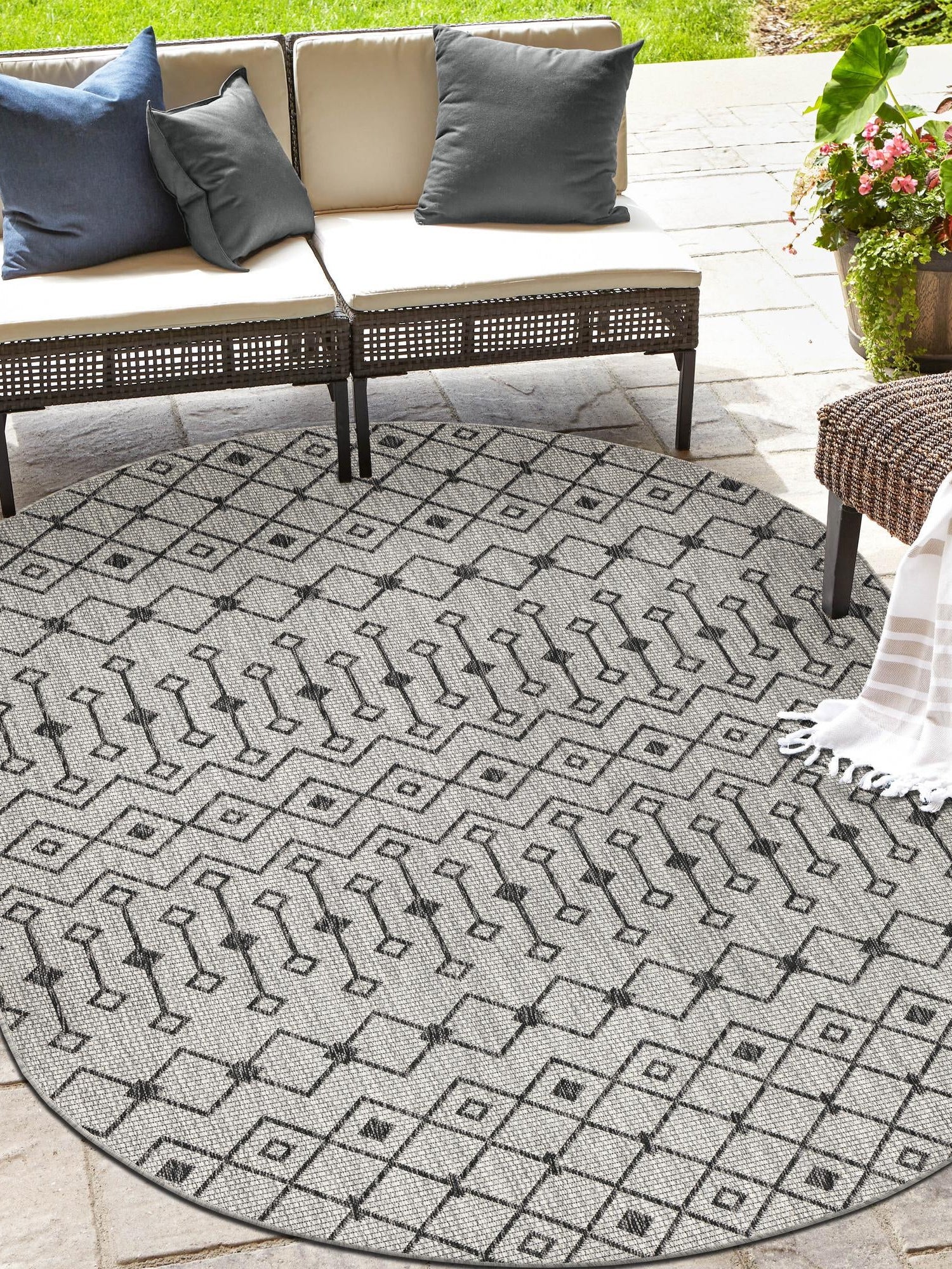 Gray 3' 1 x 5' 3 Outdoor Trellis Oval Area Rug Weather Resistant for Patio, Deck, Terrace, Balcony, Porch Geometric Design Water Safe Outside Carpet for Sale at Rug Engine