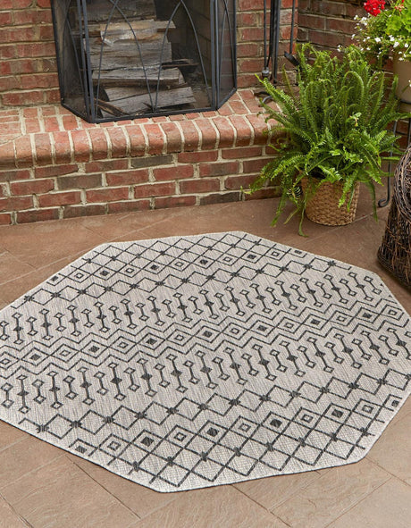 Gray 7' 10 x 7' 10 Outdoor Trellis Octagon Area Rug Weather Resistant for Patio, Deck, Terrace, Balcony, Porch Geometric Design Water Safe Outside Carpet for Sale at Rug Engine