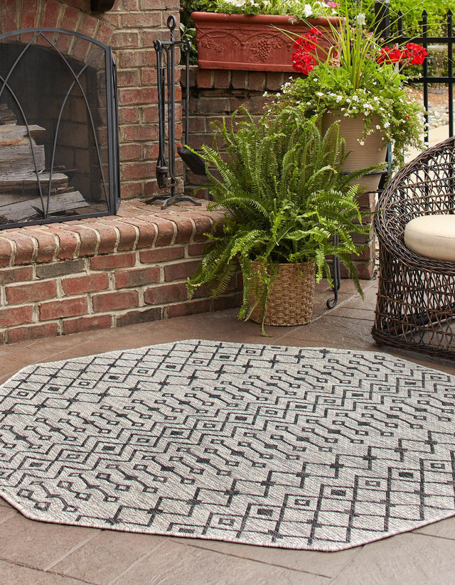 Gray 5' 3 x 5' 3 Outdoor Trellis Octagon Area Rug Weather Resistant for Patio, Deck, Terrace, Balcony, Porch Geometric Design Water Safe Outside Carpet for Sale at Rug Engine