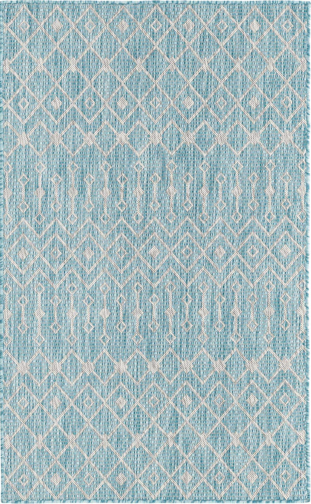Aqua 3' 1 x 5' 3 Outdoor Trellis Rectangle Area Rug Weather Resistant for Patio, Deck, Terrace, Balcony, Porch Geometric Design Water Safe Outside Carpet for Sale at Rug Engine
