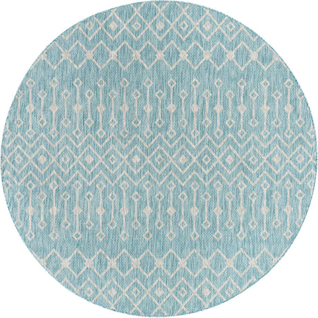 Aqua 7' 10 x 7' 10 Outdoor Trellis Round Area Rug Weather Resistant for Patio, Deck, Terrace, Balcony, Porch Geometric Design Water Safe Outside Carpet for Sale at Rug Engine