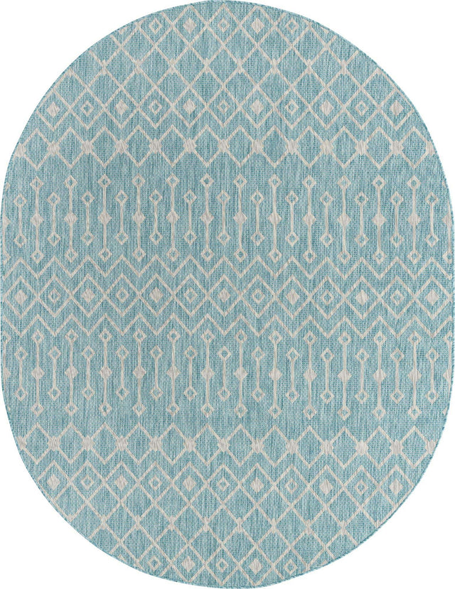 Aqua 7' 10 x 10' Outdoor Trellis Oval Area Rug Weather Resistant for Patio, Deck, Terrace, Balcony, Porch Geometric Design Water Safe Outside Carpet for Sale at Rug Engine