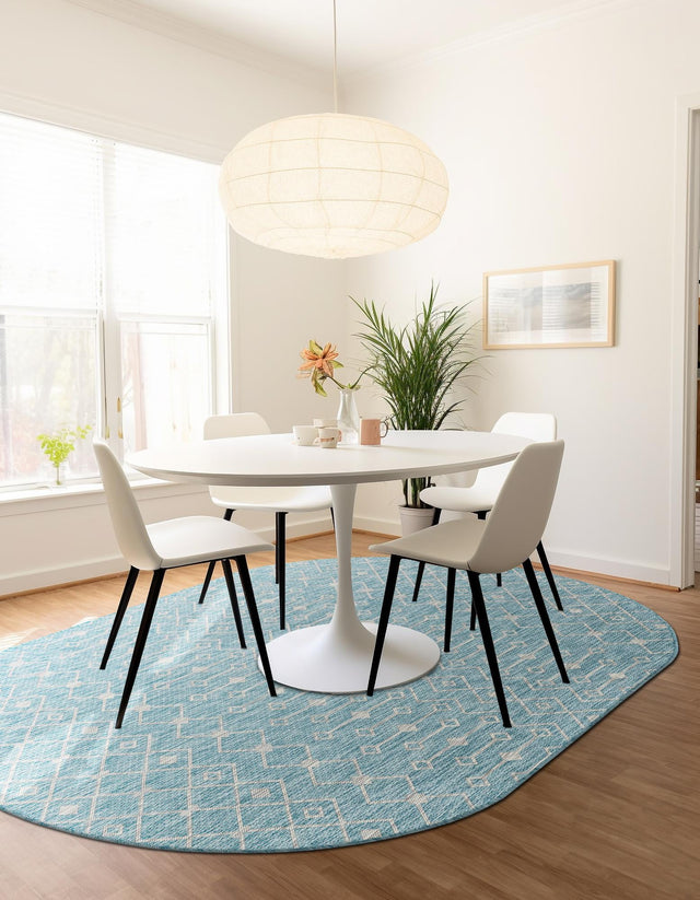 Aqua 7' 10 x 10' Outdoor Trellis Oval Area Rug Weather Resistant for Patio, Deck, Terrace, Balcony, Porch Geometric Design Water Safe Outside Carpet for Sale at Rug Engine