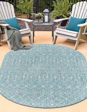 Aqua 7' 10 x 10' Outdoor Trellis Oval Area Rug Weather Resistant for Patio, Deck, Terrace, Balcony, Porch Geometric Design Water Safe Outside Carpet for Sale at Rug Engine
