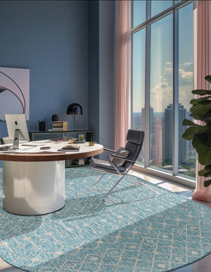 Aqua 7' 10 x 10' Outdoor Trellis Oval Area Rug Weather Resistant for Patio, Deck, Terrace, Balcony, Porch Geometric Design Water Safe Outside Carpet for Sale at Rug Engine