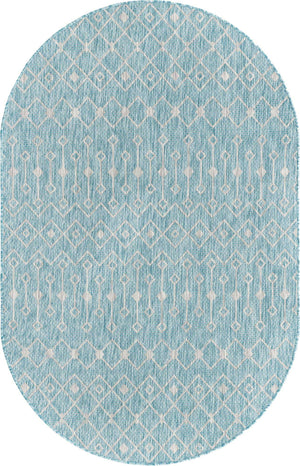 Aqua 5' 3 x 8' Outdoor Trellis Oval Area Rug Weather Resistant for Patio, Deck, Terrace, Balcony, Porch Geometric Design Water Safe Outside Carpet for Sale at Rug Engine