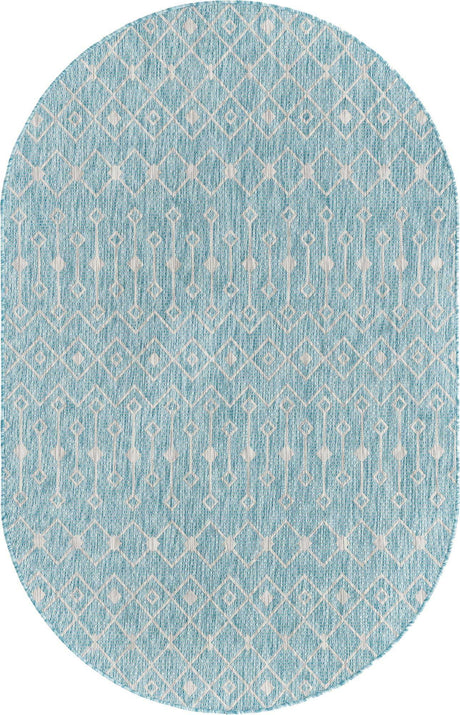 Aqua 5' 3 x 8' Outdoor Trellis Oval Area Rug Weather Resistant for Patio, Deck, Terrace, Balcony, Porch Geometric Design Water Safe Outside Carpet for Sale at Rug Engine