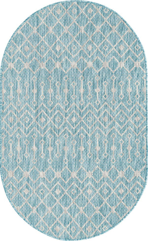 Aqua 3' 1 x 5' 3 Outdoor Trellis Oval Area Rug Weather Resistant for Patio, Deck, Terrace, Balcony, Porch Geometric Design Water Safe Outside Carpet for Sale at Rug Engine