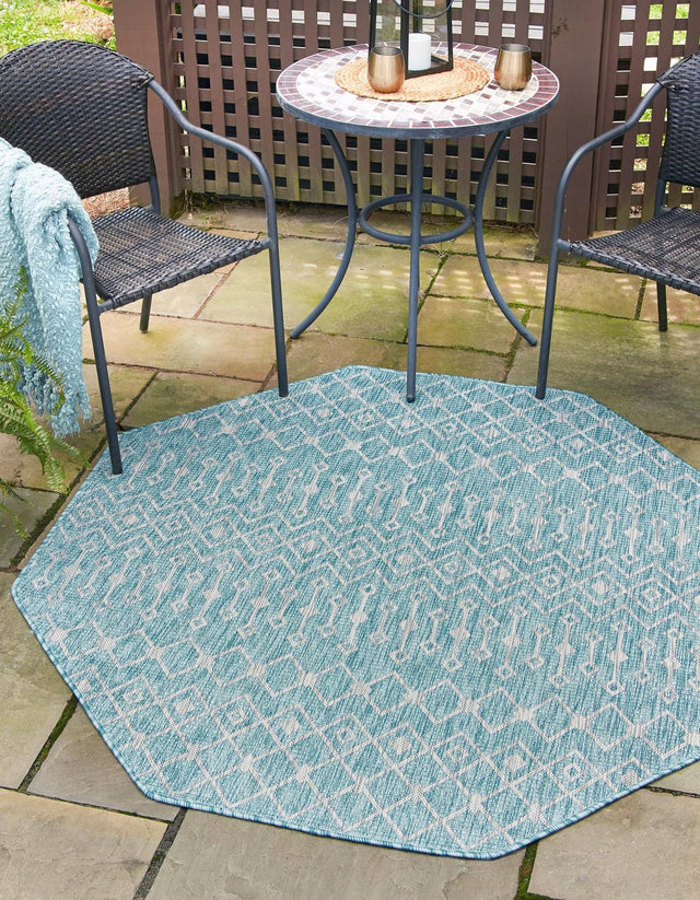 Aqua 7' 10 x 7' 10 Outdoor Trellis Octagon Area Rug Weather Resistant for Patio, Deck, Terrace, Balcony, Porch Geometric Design Water Safe Outside Carpet for Sale at Rug Engine