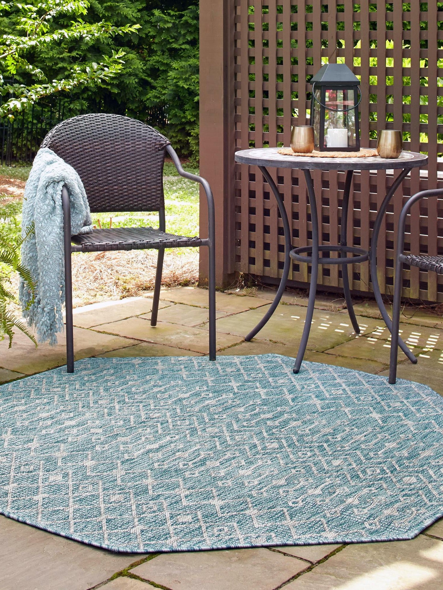 Aqua 7' 10 x 7' 10 Outdoor Trellis Octagon Area Rug Weather Resistant for Patio, Deck, Terrace, Balcony, Porch Geometric Design Water Safe Outside Carpet for Sale at Rug Engine