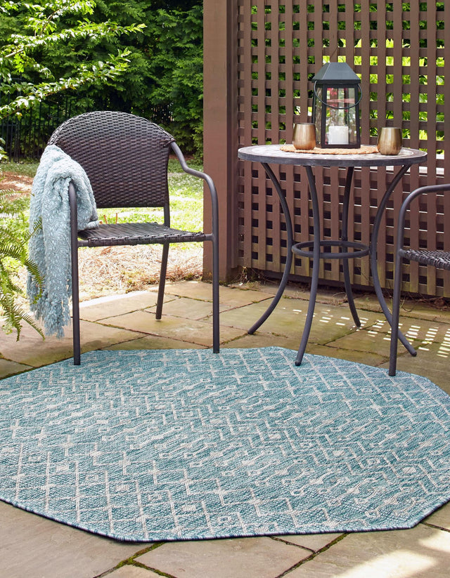 Aqua 7' 10 x 7' 10 Outdoor Trellis Octagon Area Rug Weather Resistant for Patio, Deck, Terrace, Balcony, Porch Geometric Design Water Safe Outside Carpet for Sale at Rug Engine