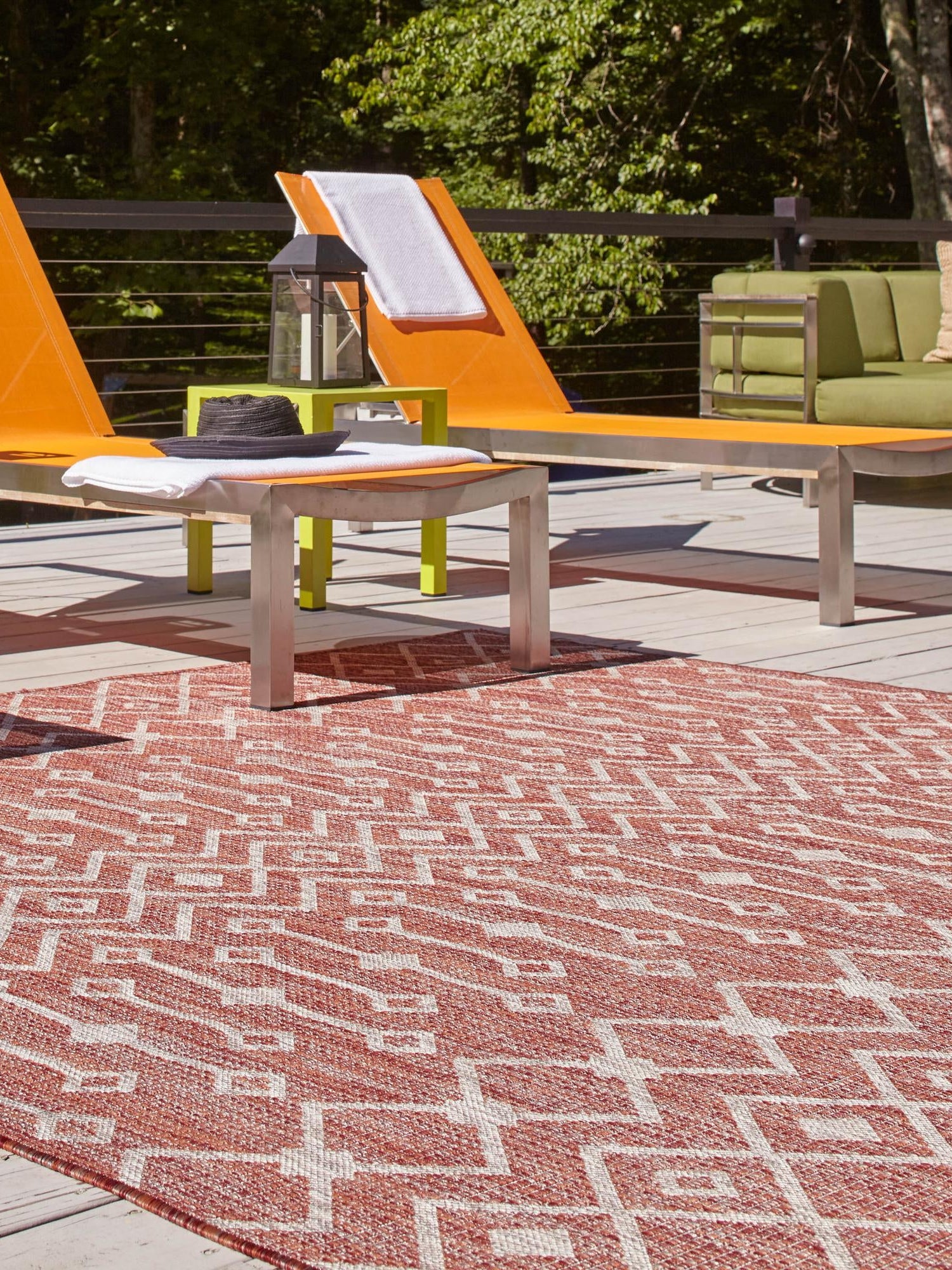 Rust Red 10' 8 x 10' 8 Outdoor Trellis Square Area Rug Weather Resistant for Patio, Deck, Terrace, Balcony, Porch Geometric Design Water Safe Outside Carpet for Sale at Rug Engine