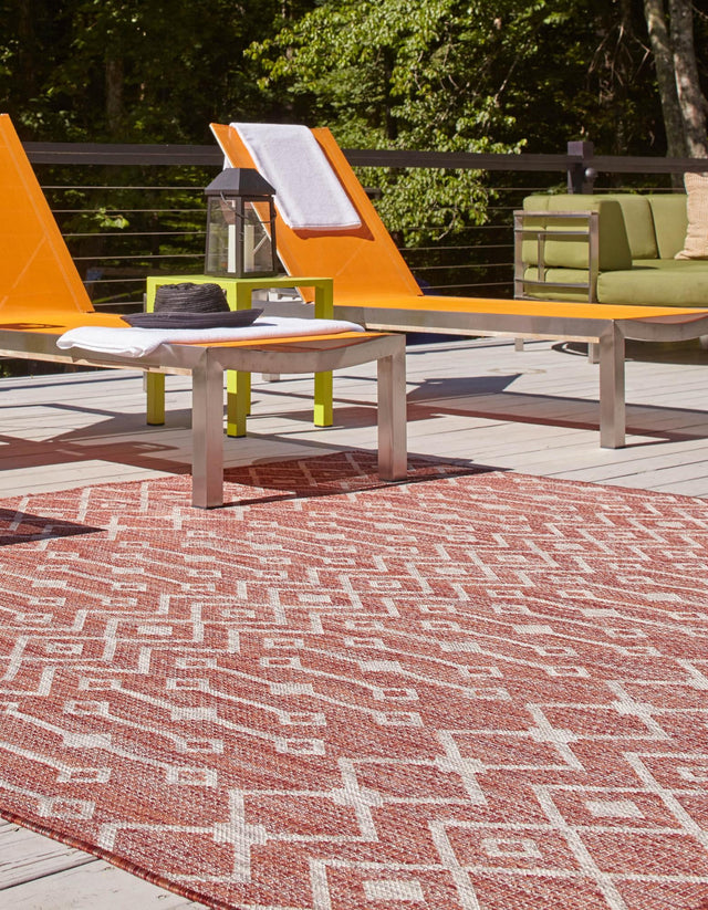 Rust Red 13' 1 x 13' 1 Outdoor Trellis Square Area Rug Weather Resistant for Patio, Deck, Terrace, Balcony, Porch Geometric Design Water Safe Outside Carpet for Sale at Rug Engine