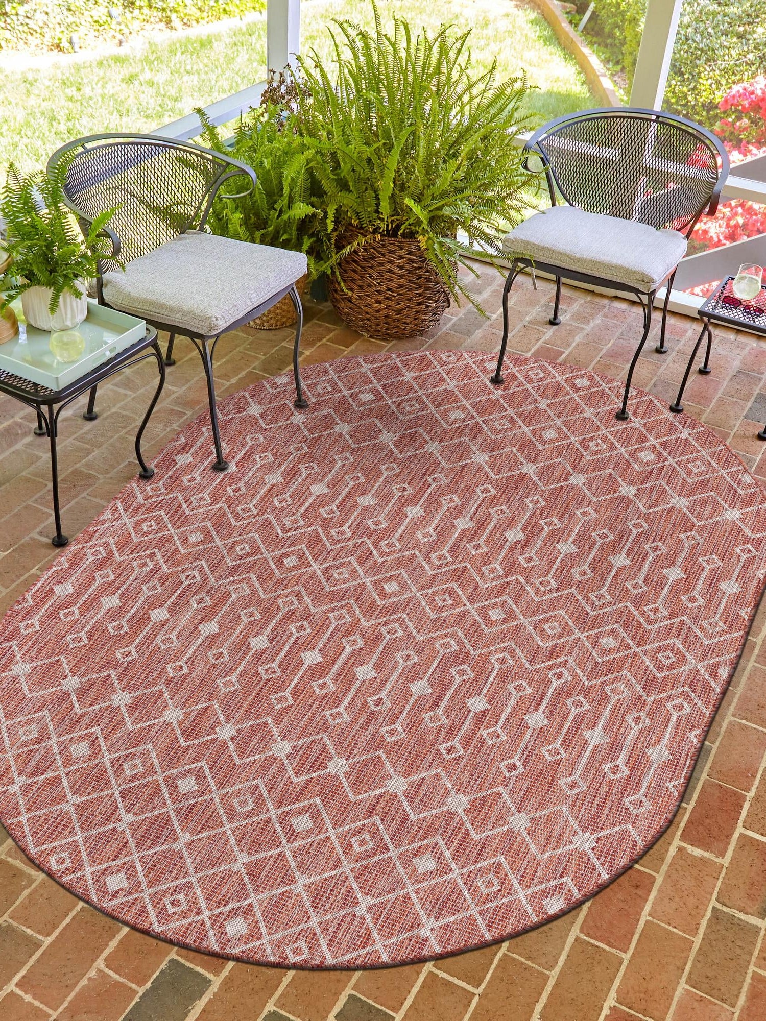 Rust Red 3' 1 x 5' 3 Outdoor Trellis Oval Area Rug Weather Resistant for Patio, Deck, Terrace, Balcony, Porch Geometric Design Water Safe Outside Carpet for Sale at Rug Engine