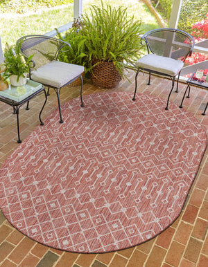 Rust Red 3' 1 x 5' 3 Outdoor Trellis Oval Area Rug Weather Resistant for Patio, Deck, Terrace, Balcony, Porch Geometric Design Water Safe Outside Carpet for Sale at Rug Engine