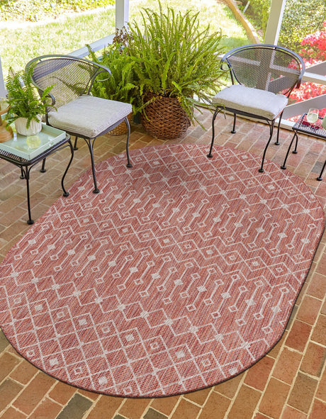 Rust Red 3' 1 x 5' 3 Outdoor Trellis Oval Area Rug Weather Resistant for Patio, Deck, Terrace, Balcony, Porch Geometric Design Water Safe Outside Carpet for Sale at Rug Engine