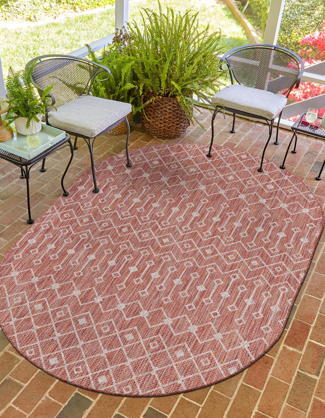 Rust Red 3' 1 x 5' 3 Outdoor Trellis Oval Area Rug Weather Resistant for Patio, Deck, Terrace, Balcony, Porch Geometric Design Water Safe Outside Carpet for Sale at Rug Engine