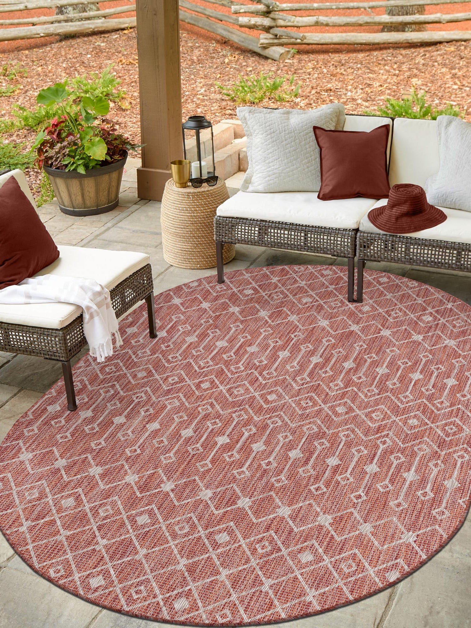 Rust Red 3' 1 x 5' 3 Outdoor Trellis Oval Area Rug Weather Resistant for Patio, Deck, Terrace, Balcony, Porch Geometric Design Water Safe Outside Carpet for Sale at Rug Engine