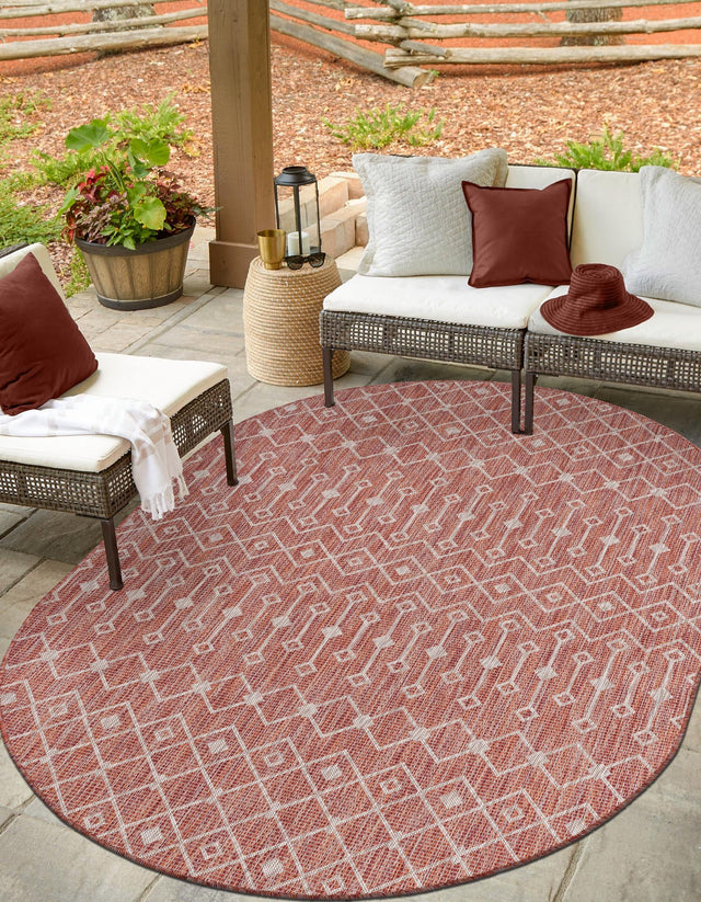 Rust Red 3' 1 x 5' 3 Outdoor Trellis Oval Area Rug Weather Resistant for Patio, Deck, Terrace, Balcony, Porch Geometric Design Water Safe Outside Carpet for Sale at Rug Engine