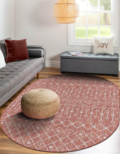 Rust Red 3' 1 x 5' 3 Outdoor Trellis Oval Area Rug Weather Resistant for Patio, Deck, Terrace, Balcony, Porch Geometric Design Water Safe Outside Carpet for Sale at Rug Engine