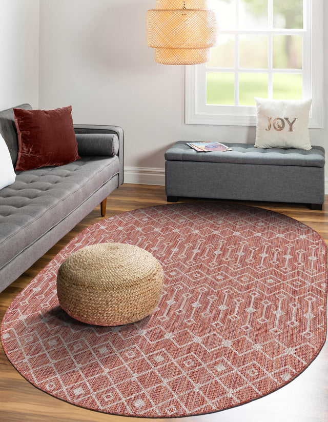 Rust Red 3' 1 x 5' 3 Outdoor Trellis Oval Area Rug Weather Resistant for Patio, Deck, Terrace, Balcony, Porch Geometric Design Water Safe Outside Carpet for Sale at Rug Engine