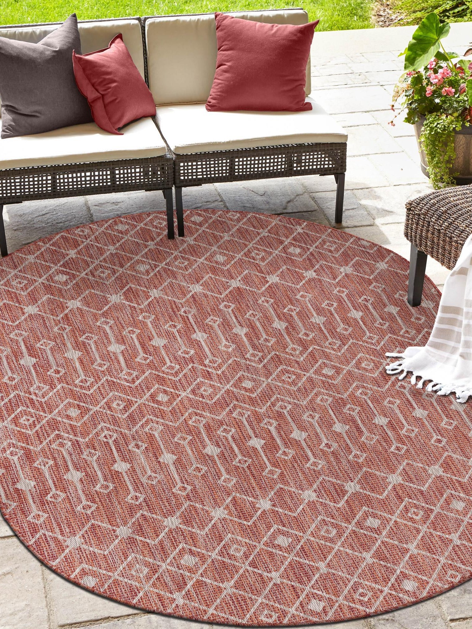 Rust Red 3' 1 x 5' 3 Outdoor Trellis Oval Area Rug Weather Resistant for Patio, Deck, Terrace, Balcony, Porch Geometric Design Water Safe Outside Carpet for Sale at Rug Engine