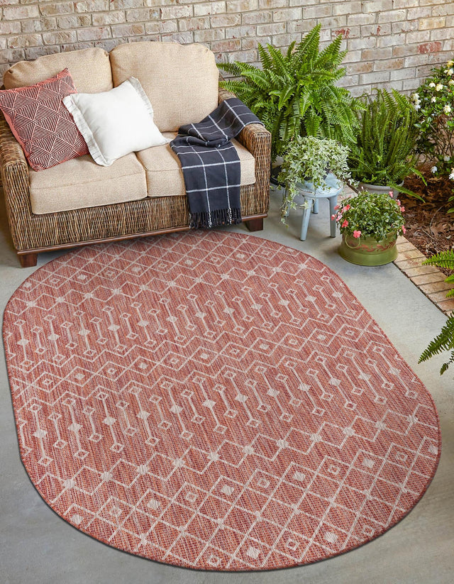 Rust Red 3' 1 x 5' 3 Outdoor Trellis Oval Area Rug Weather Resistant for Patio, Deck, Terrace, Balcony, Porch Geometric Design Water Safe Outside Carpet for Sale at Rug Engine