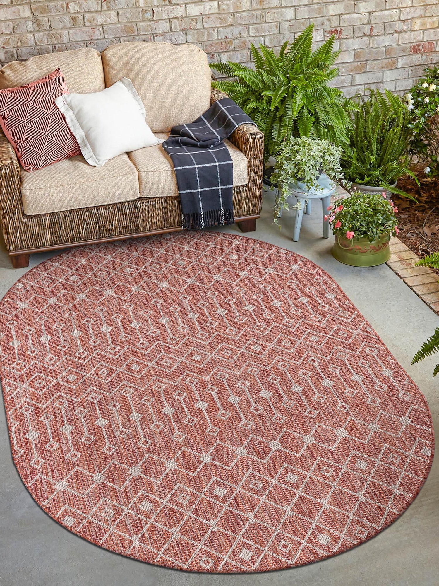 Rust Red 5' 3 x 8' Outdoor Trellis Oval Area Rug Weather Resistant for Patio, Deck, Terrace, Balcony, Porch Geometric Design Water Safe Outside Carpet for Sale at Rug Engine