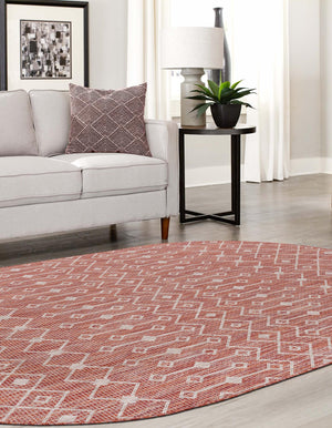 Rust Red 3' 1 x 5' 3 Outdoor Trellis Oval Area Rug Weather Resistant for Patio, Deck, Terrace, Balcony, Porch Geometric Design Water Safe Outside Carpet for Sale at Rug Engine
