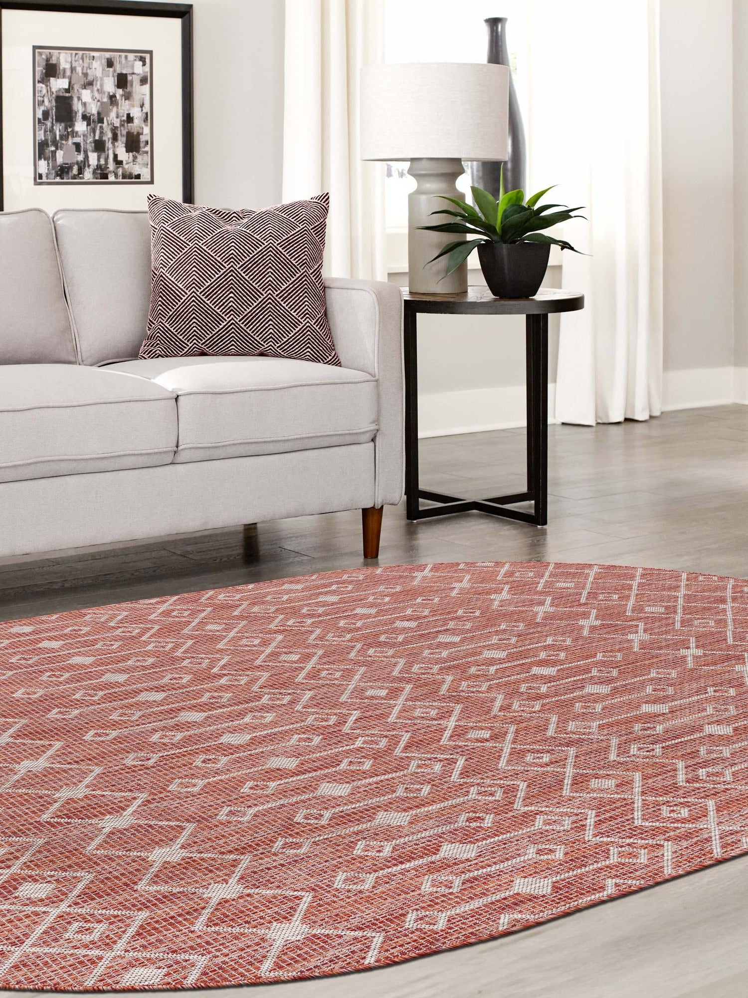 Rust Red 5' 3 x 8' Outdoor Trellis Oval Area Rug Weather Resistant for Patio, Deck, Terrace, Balcony, Porch Geometric Design Water Safe Outside Carpet for Sale at Rug Engine