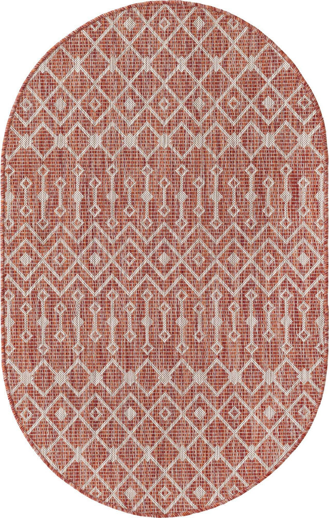 Rust Red 3' 1 x 5' 3 Outdoor Trellis Oval Area Rug Weather Resistant for Patio, Deck, Terrace, Balcony, Porch Geometric Design Water Safe Outside Carpet for Sale at Rug Engine