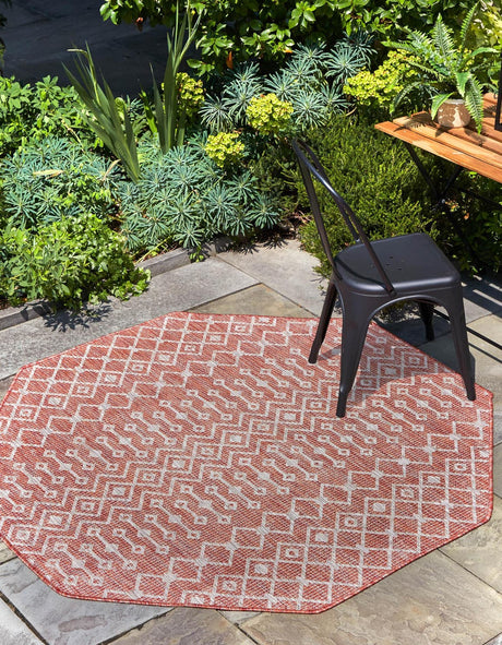 Rust Red 7' 10 x 7' 10 Outdoor Trellis Octagon Area Rug Weather Resistant for Patio, Deck, Terrace, Balcony, Porch Geometric Design Water Safe Outside Carpet for Sale at Rug Engine