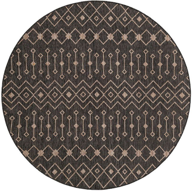 Charcoal Gray 7' 10 x 7' 10 Outdoor Trellis Round Area Rug Weather Resistant for Patio, Deck, Terrace, Balcony, Porch Geometric Design Water Safe Outside Carpet for Sale at Rug Engine