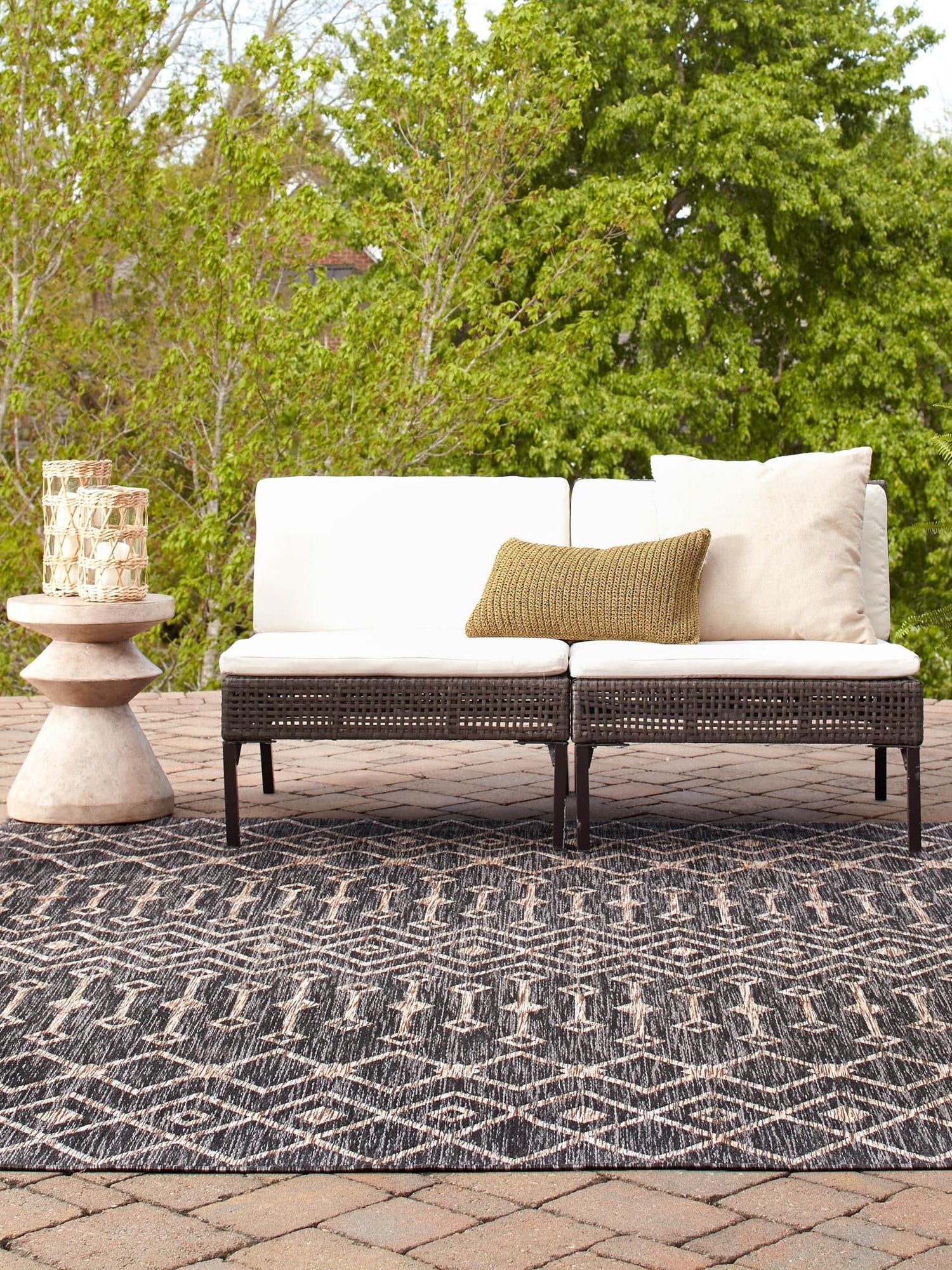 Charcoal Gray 7' 10 x 7' 10 Outdoor Trellis Square Area Rug Weather Resistant for Patio, Deck, Terrace, Balcony, Porch Geometric Design Water Safe Outside Carpet for Sale at Rug Engine