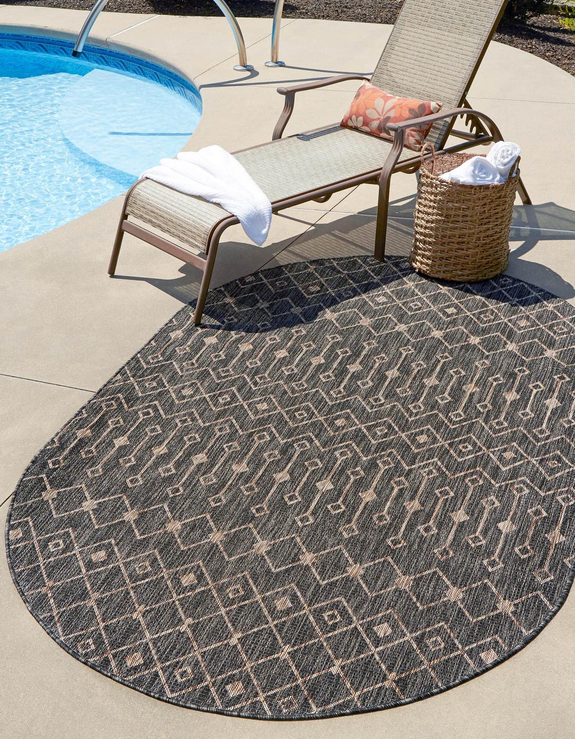Charcoal Gray 3' 1 x 5' 3 Outdoor Trellis Oval Area Rug Weather Resistant for Patio, Deck, Terrace, Balcony, Porch Geometric Design Water Safe Outside Carpet for Sale at Rug Engine