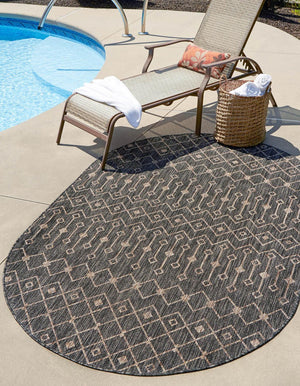 Charcoal Gray 3' 1 x 5' 3 Outdoor Trellis Oval Area Rug Weather Resistant for Patio, Deck, Terrace, Balcony, Porch Geometric Design Water Safe Outside Carpet for Sale at Rug Engine