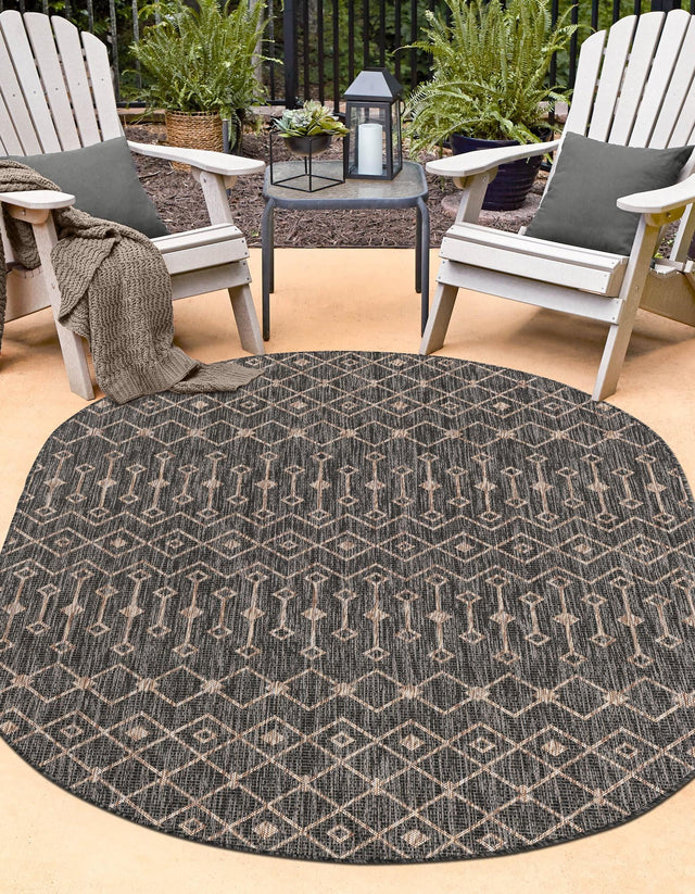 Charcoal Gray 7' 10 x 10' Outdoor Trellis Oval Area Rug Weather Resistant for Patio, Deck, Terrace, Balcony, Porch Geometric Design Water Safe Outside Carpet for Sale at Rug Engine