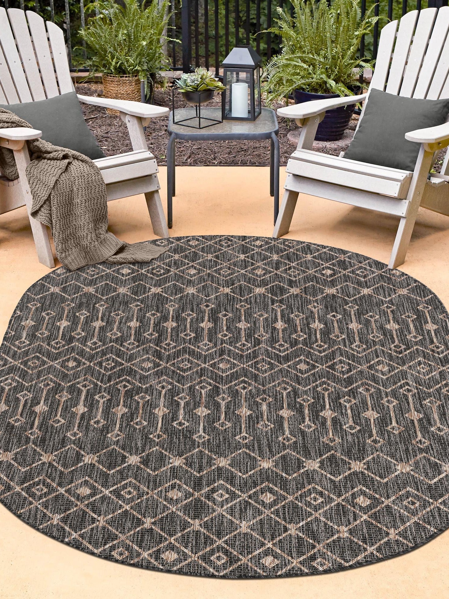 Charcoal Gray 5' 3 x 8' Outdoor Trellis Oval Area Rug Weather Resistant for Patio, Deck, Terrace, Balcony, Porch Geometric Design Water Safe Outside Carpet for Sale at Rug Engine