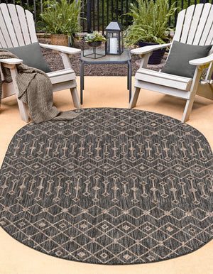 Charcoal Gray 5' 3 x 8' Outdoor Trellis Oval Area Rug Weather Resistant for Patio, Deck, Terrace, Balcony, Porch Geometric Design Water Safe Outside Carpet for Sale at Rug Engine
