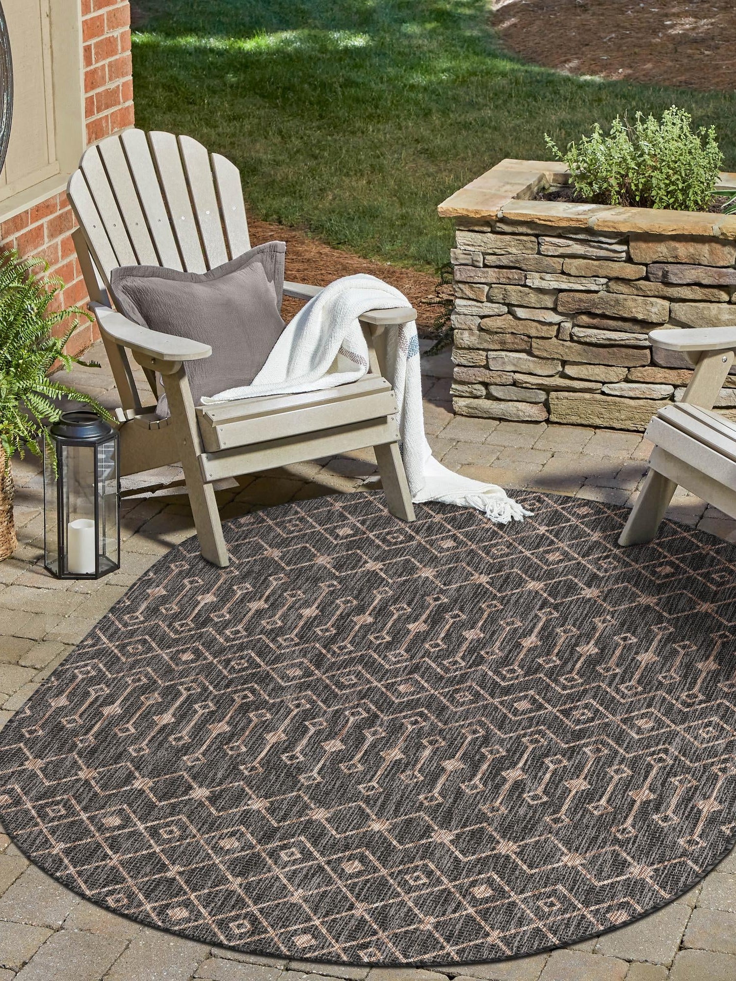 Charcoal Gray 7' 10 x 10' Outdoor Trellis Oval Area Rug Weather Resistant for Patio, Deck, Terrace, Balcony, Porch Geometric Design Water Safe Outside Carpet for Sale at Rug Engine