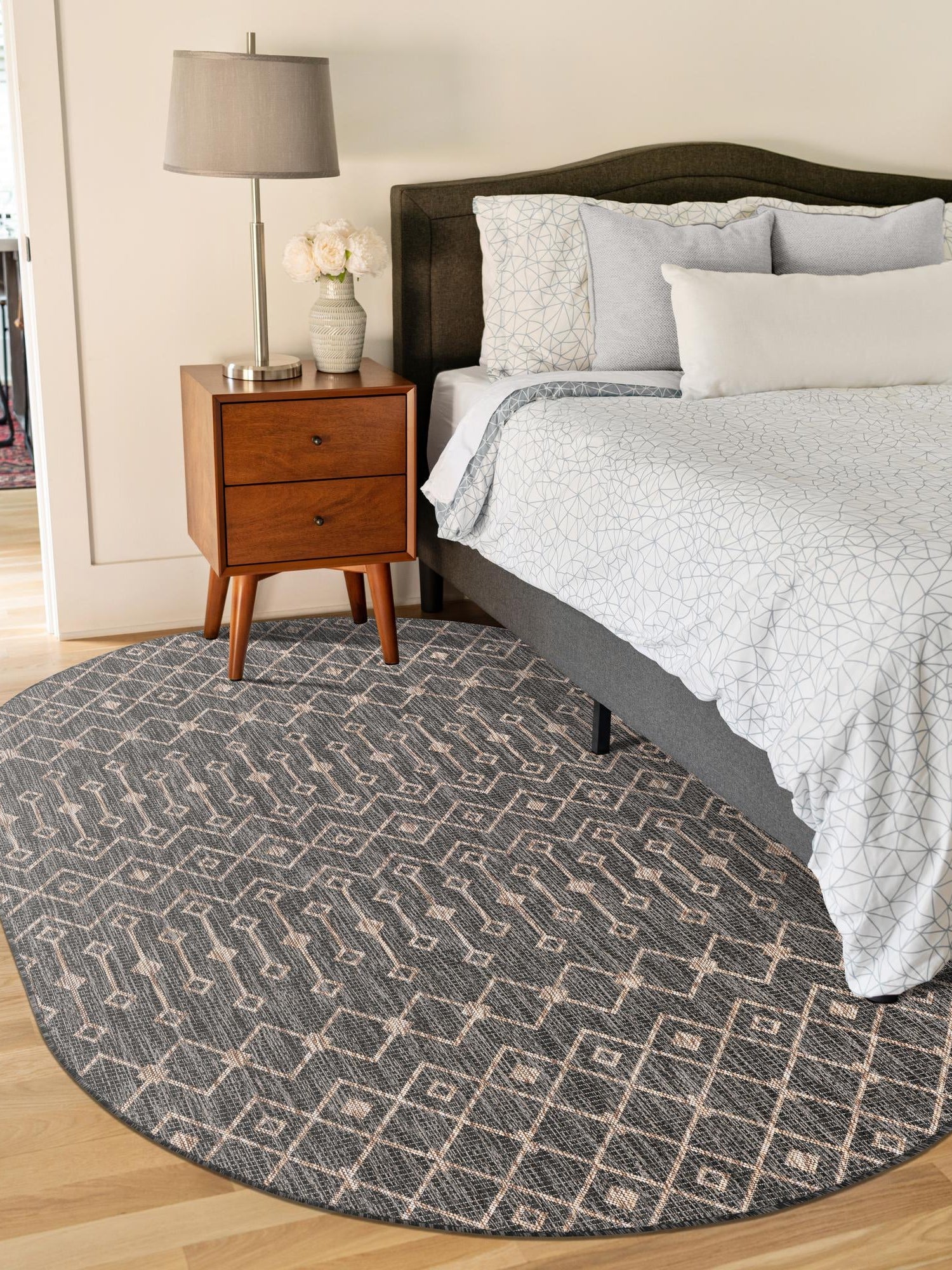 Charcoal Gray 5' 3 x 8' Outdoor Trellis Oval Area Rug Weather Resistant for Patio, Deck, Terrace, Balcony, Porch Geometric Design Water Safe Outside Carpet for Sale at Rug Engine