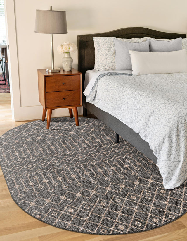 Charcoal Gray 5' 3 x 8' Outdoor Trellis Oval Area Rug Weather Resistant for Patio, Deck, Terrace, Balcony, Porch Geometric Design Water Safe Outside Carpet for Sale at Rug Engine