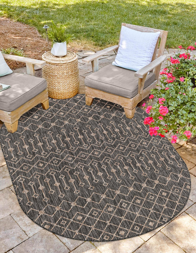 Charcoal Gray 3' 1 x 5' 3 Outdoor Trellis Oval Area Rug Weather Resistant for Patio, Deck, Terrace, Balcony, Porch Geometric Design Water Safe Outside Carpet for Sale at Rug Engine